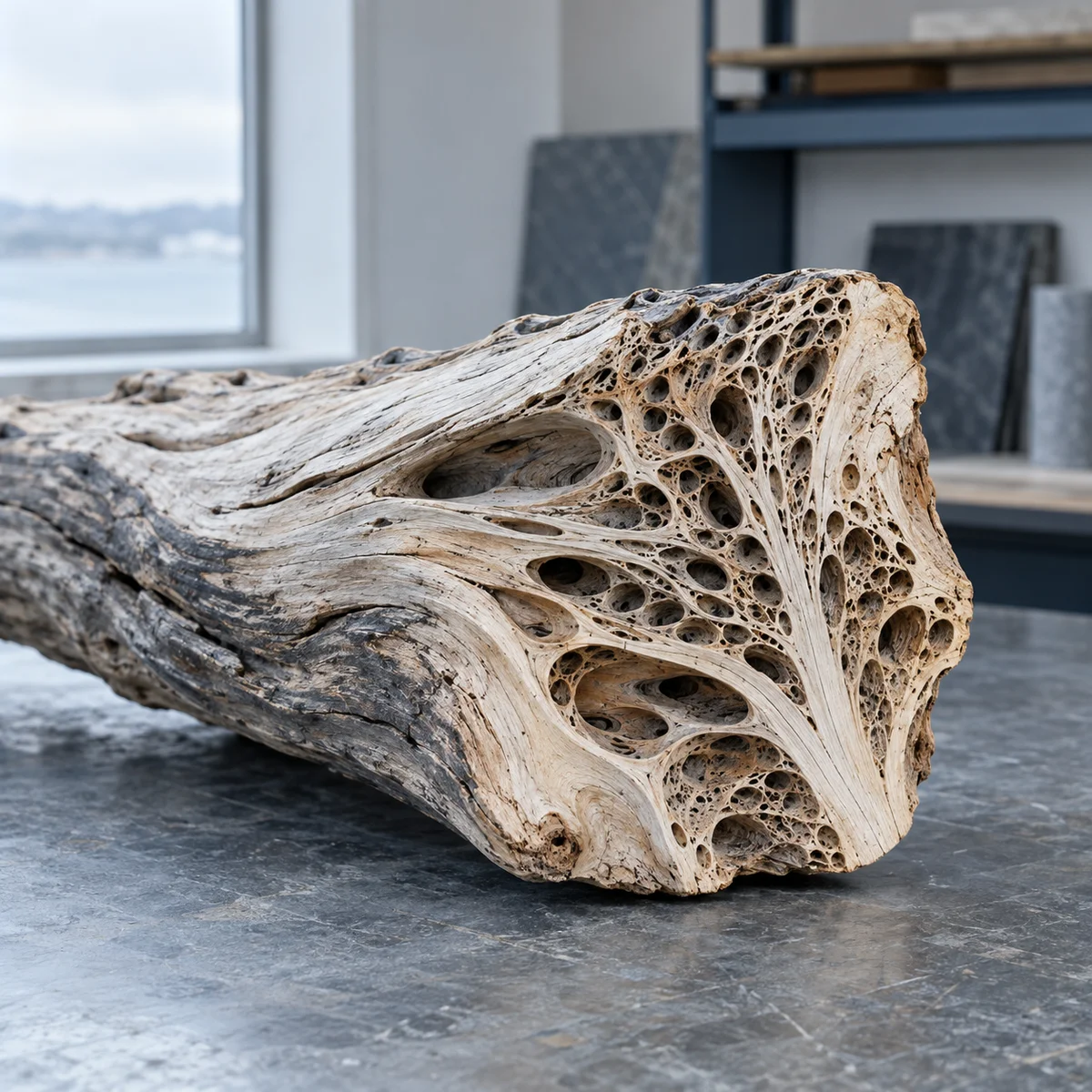 Close-up of the cellular structure and grain of weathered driftwood