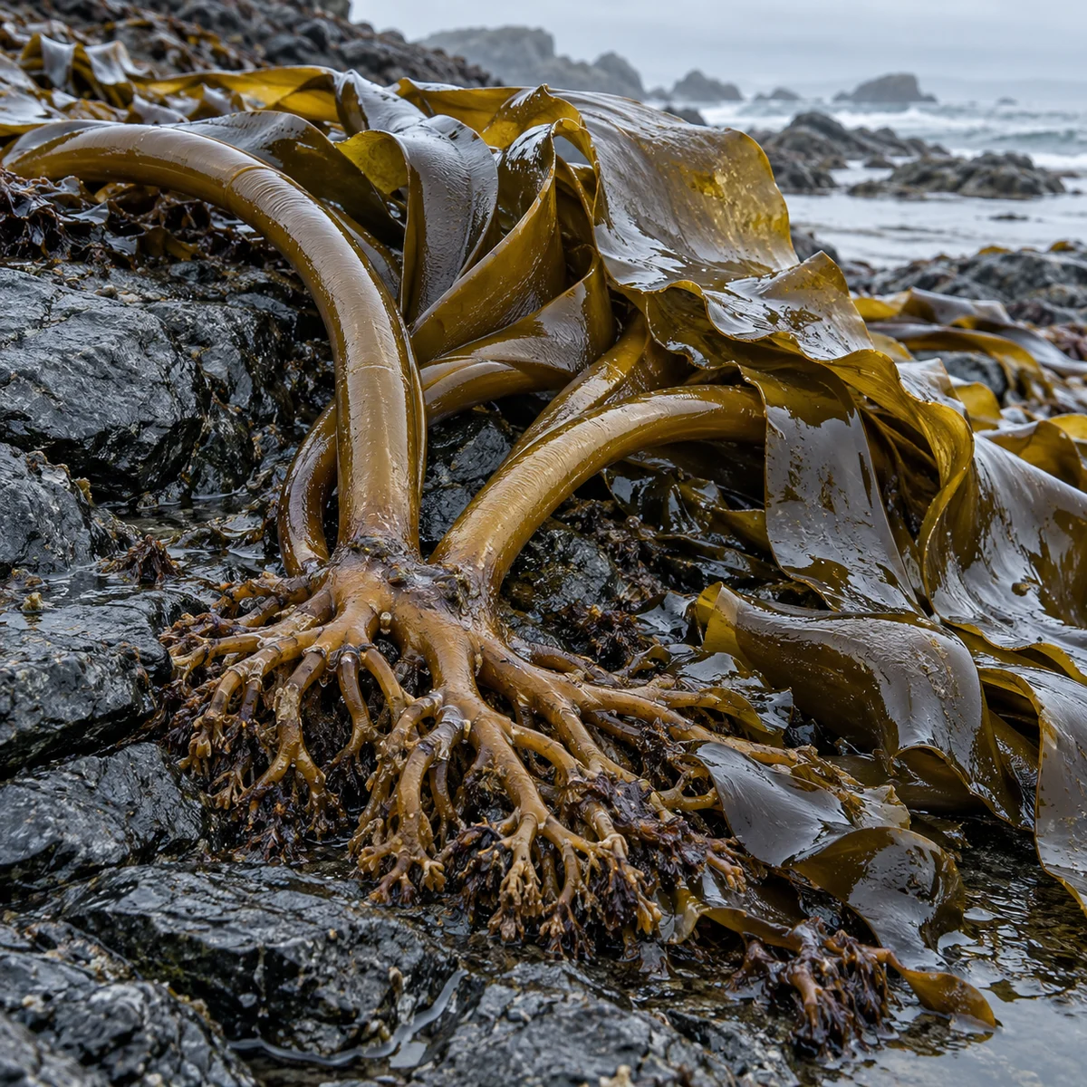 Kelp holdfasts and fronds attached to a coastal rock